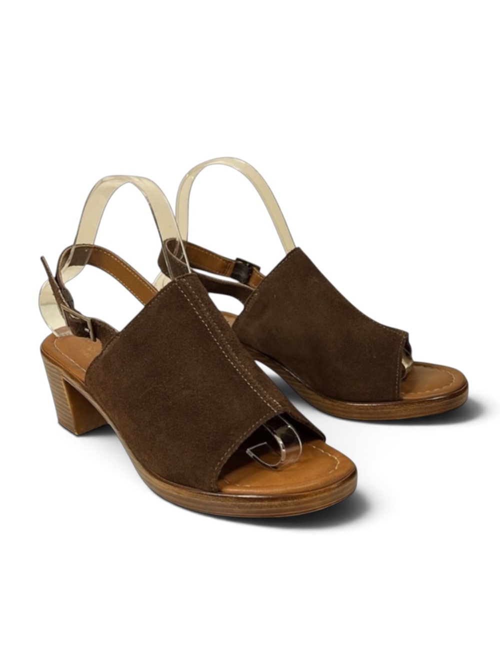 Mariella Brown Leather Open Toe Sock Mule Chunky Heels Made in Italy, Size 8M